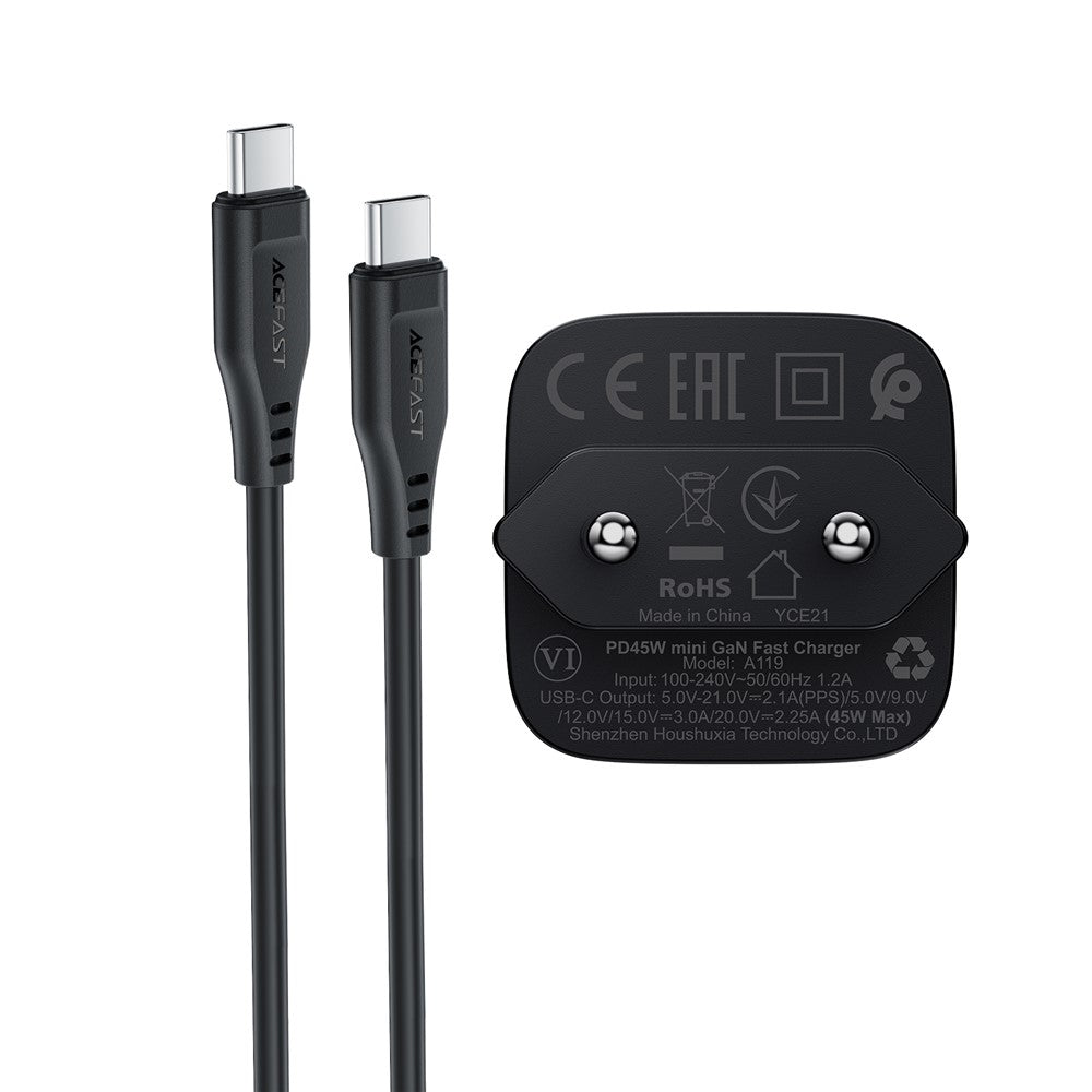 ACEFAST A119 PD 45W Mini GaN USB-C hurtigoplader sæt med 1,2 m USB-C-kabel, EU-stik