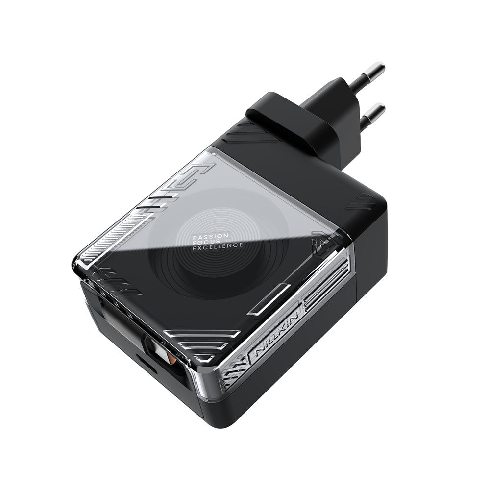 NILLKIN Icecore 65W GaN hurtig vægoplader med udtrækkeligt USB-C-kabel til rejsebrug, EU-stik