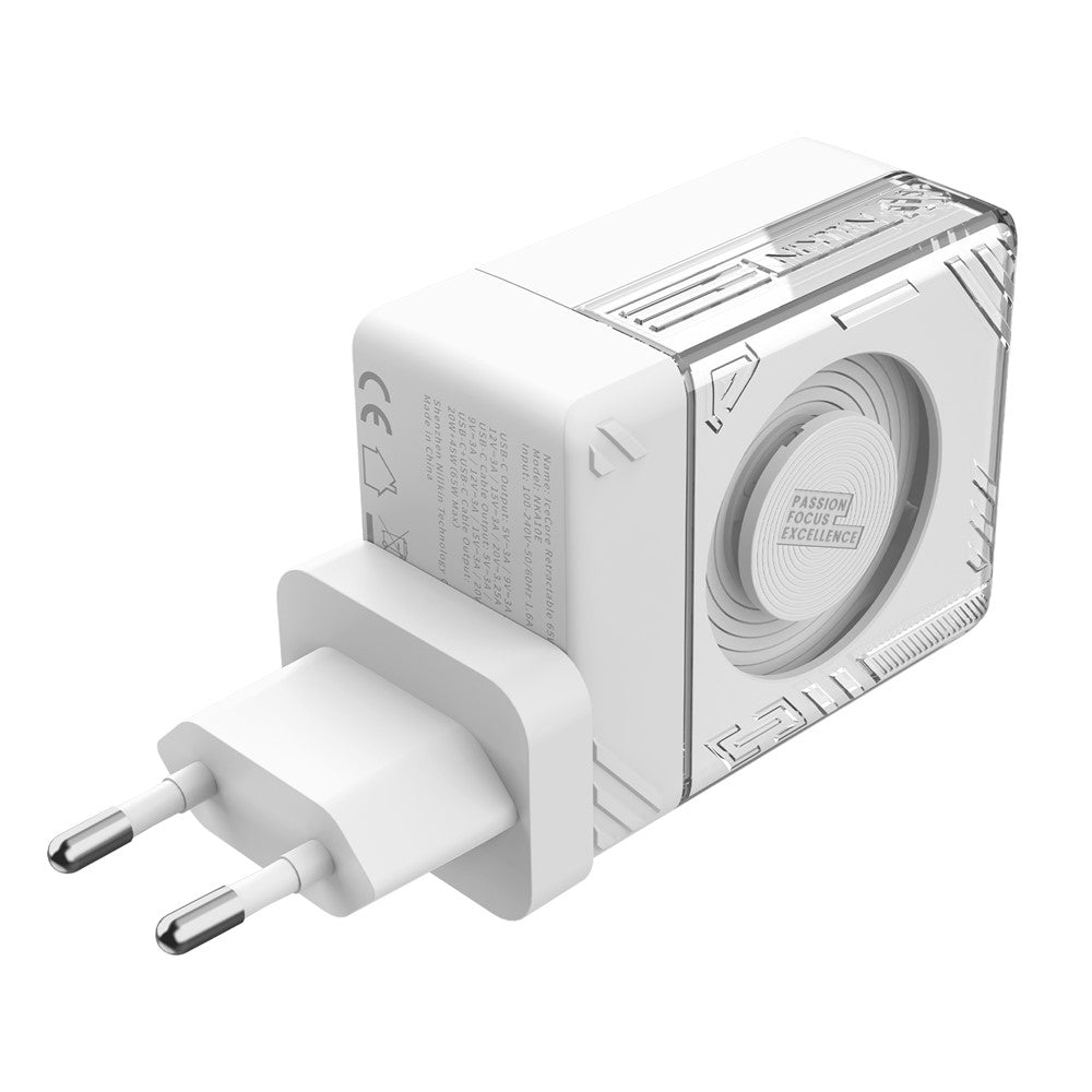 NILLKIN Icecore 65W GaN hurtig vægoplader med udtrækkeligt USB-C-kabel til rejsebrug, EU-stik
