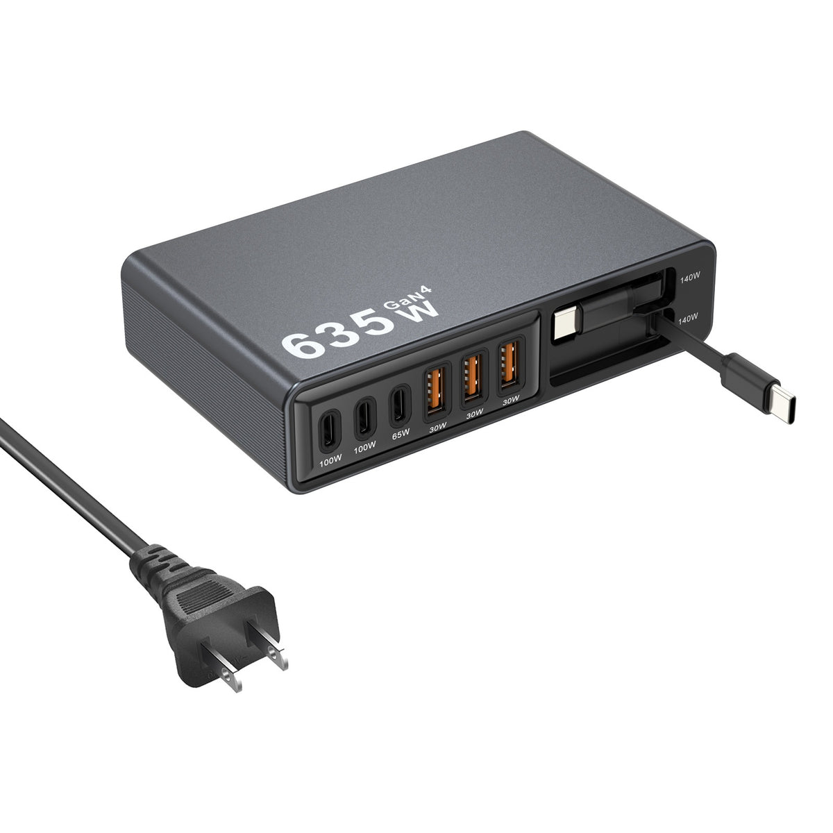 8-Port GaN Desktop Charger 140W Fast Charging Station with Dual Retractable Type-C Cables