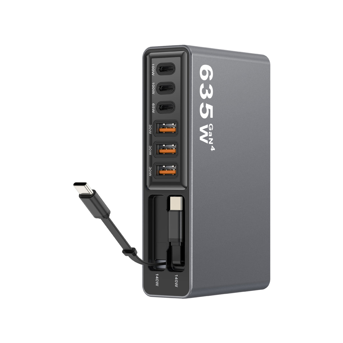 8-Port GaN Desktop Charger 140W Fast Charging Station with Dual Retractable Type-C Cables
