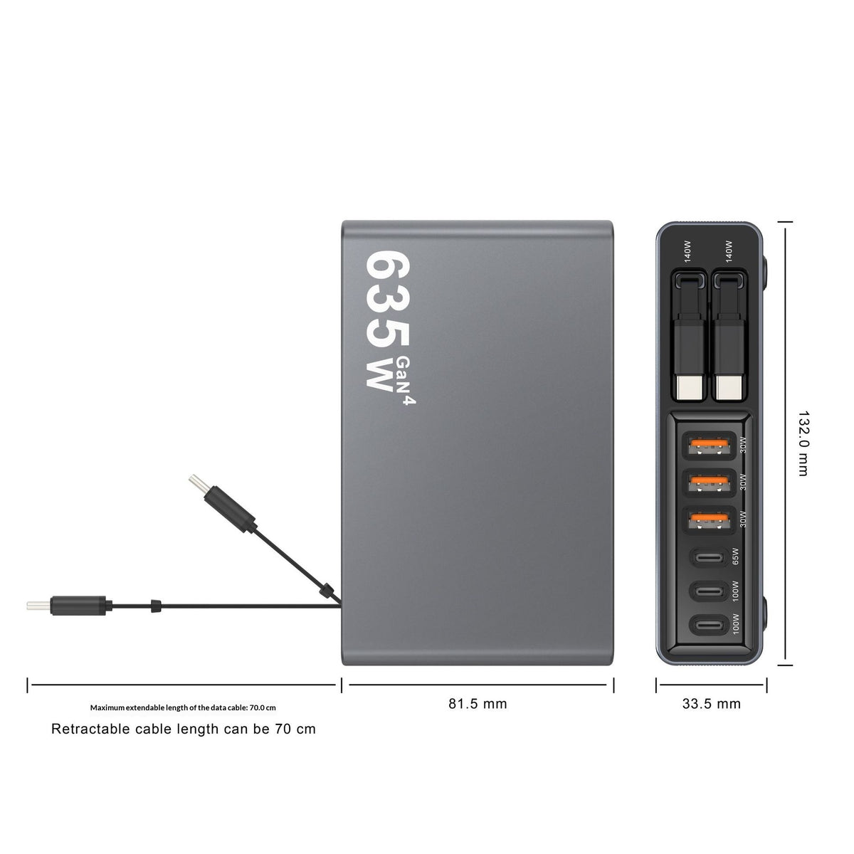 8-Port GaN Desktop Charger 140W Fast Charging Station with Dual Retractable Type-C Cables
