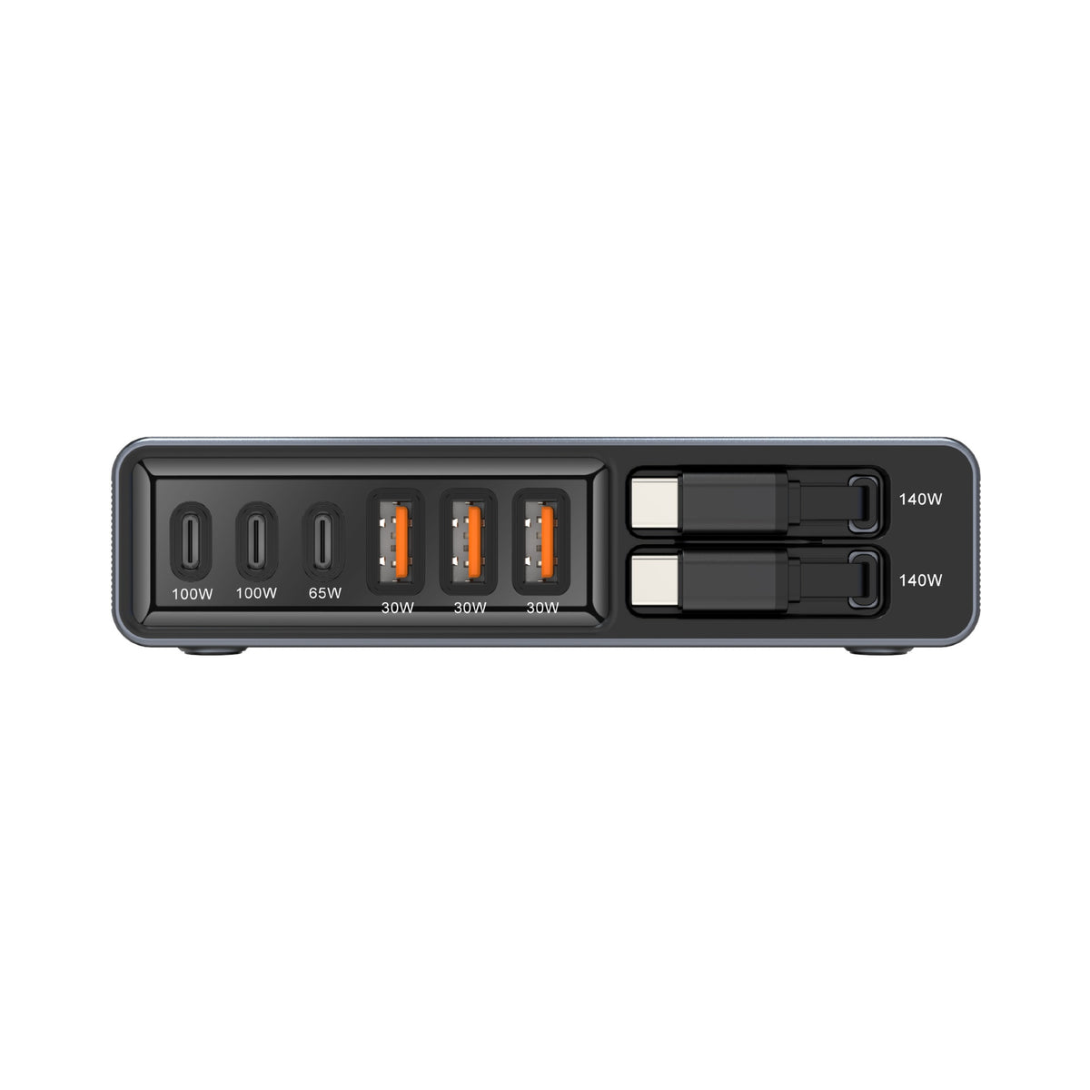 8-Port GaN Desktop Charger 140W Fast Charging Station with Dual Retractable Type-C Cables