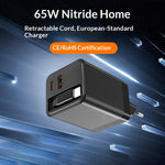 65W GaN Charger with Retractable Cable USB-A + Type-C Travel Adapter for Phone Laptop