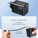 65W GaN Charger with Retractable Cable USB-A + Type-C Travel Adapter for Phone Laptop