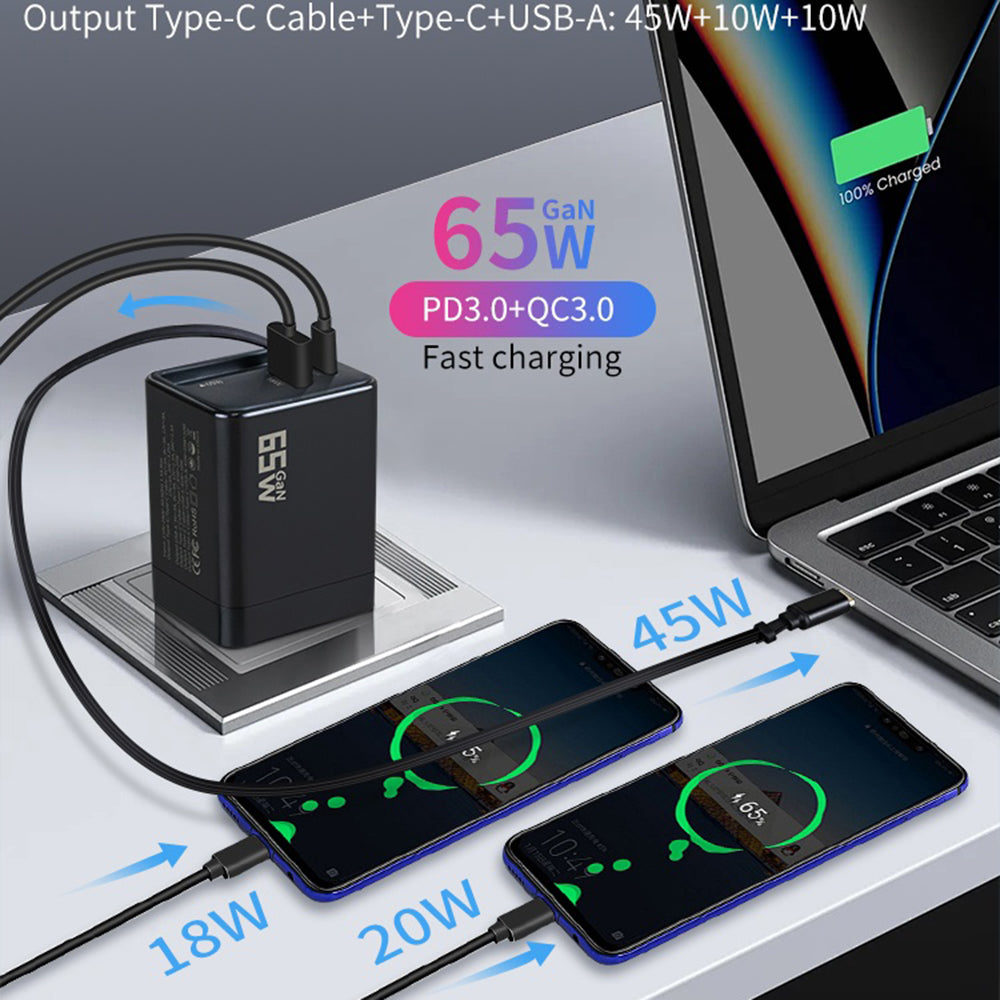 65W GaN Charger with Retractable Cable USB-A + Type-C Travel Adapter for Phone Laptop