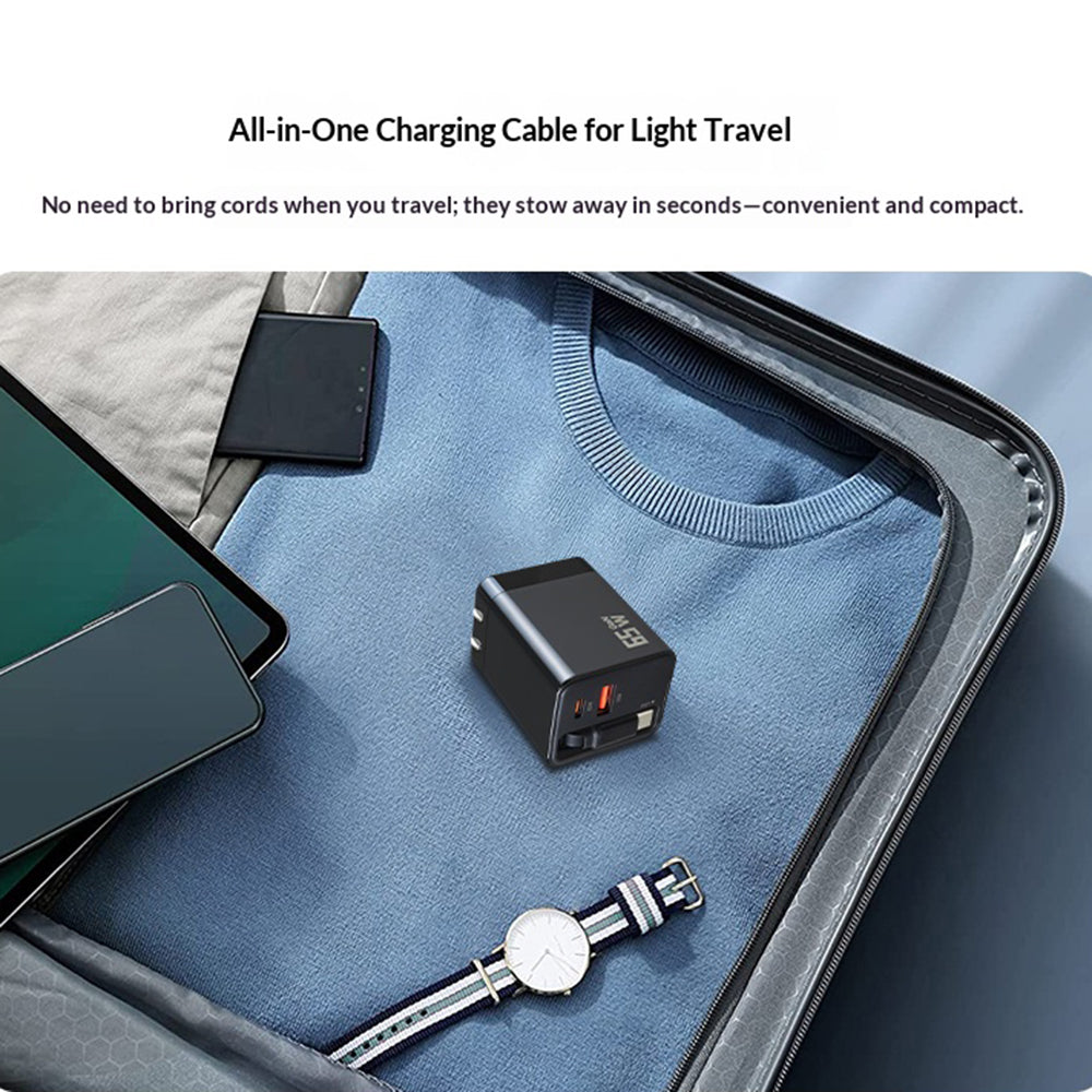 65W GaN Charger with Retractable Cable USB-A + Type-C Travel Adapter for Phone Laptop