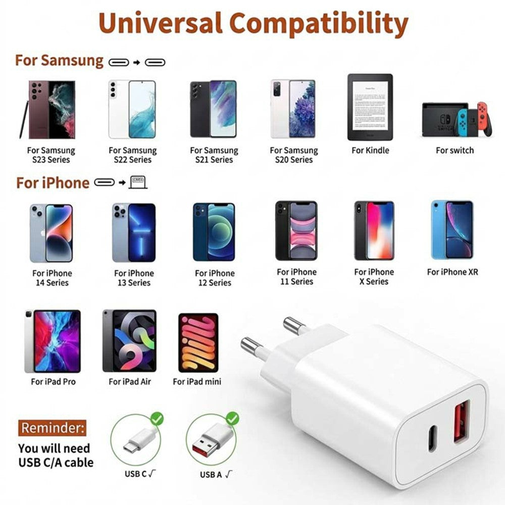 D-POWER 8266 PD 20W Fast Charging Power Adapter USB + Type-C Dual Port Wall Charger, EU Plug