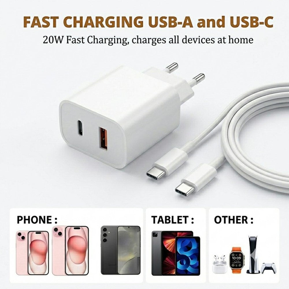 D-POWER 8268 EU Plug PD 20W Fast Charging Dual Port Wall Charger with USB-C to USB-C Cable for Office Home