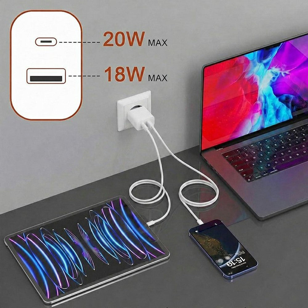 D-POWER 8268 EU Plug PD 20W Fast Charging Dual Port Wall Charger with USB-C to USB-C Cable for Office Home