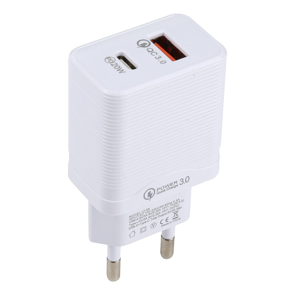 LZ-728 QC 3.0 USB+PD 20W Type-C Travel Wall Charger Fast Charging Phone Adapter for Xiaomi iPhone