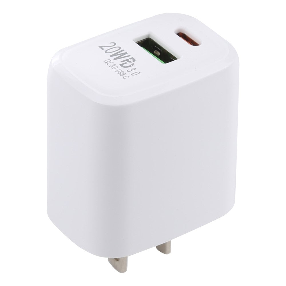 LZ-215A+C 20W QC3.0 USB + PD3.0 Type-C Dual Ports Fast Charging Travel Charger Power Adapter