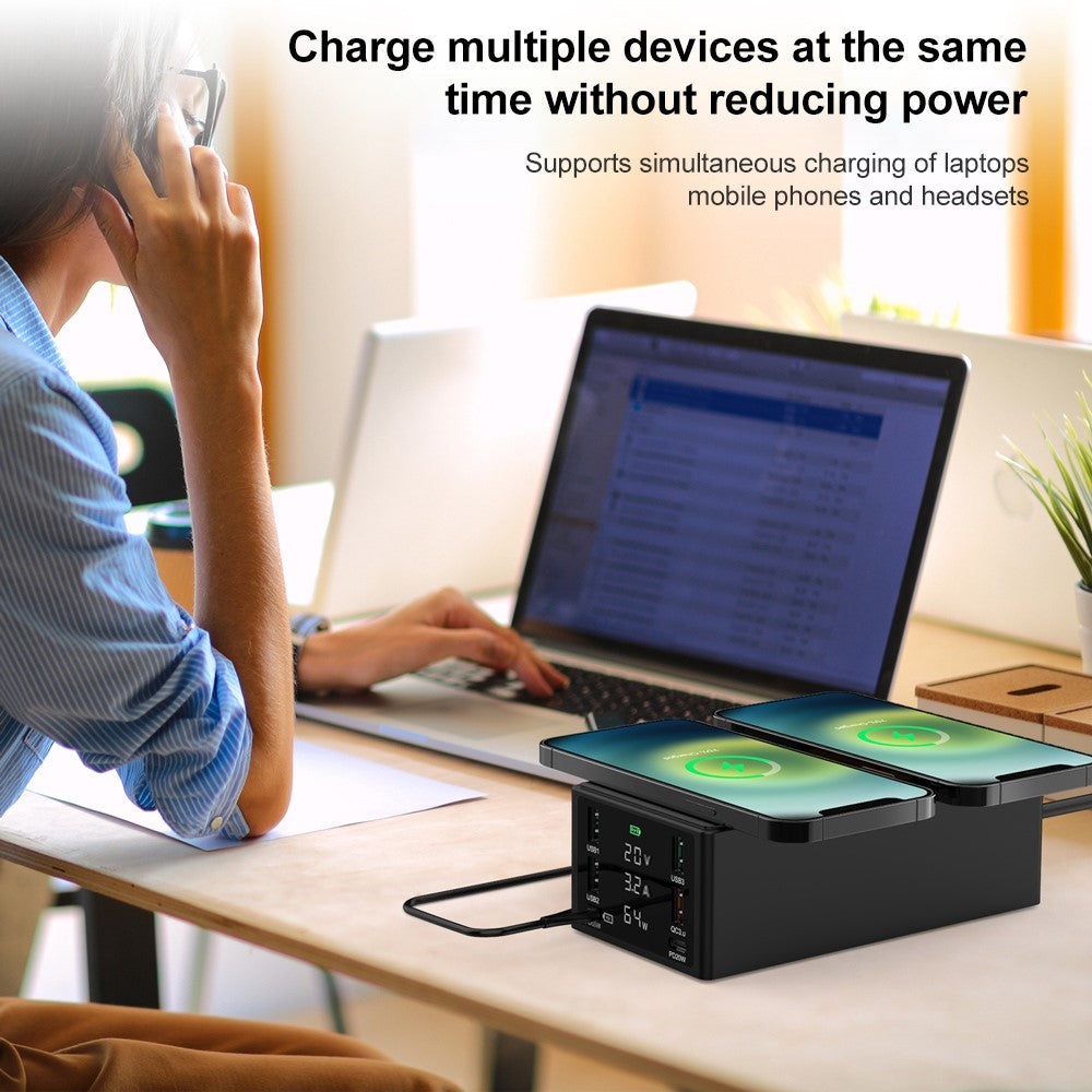 HHW-888W Dobbelt trådløs opladningsdock USB-A USB-C QC3.0 PD-opladerhub LED-skærm Telefon Tablet Laptop Hurtigladestation