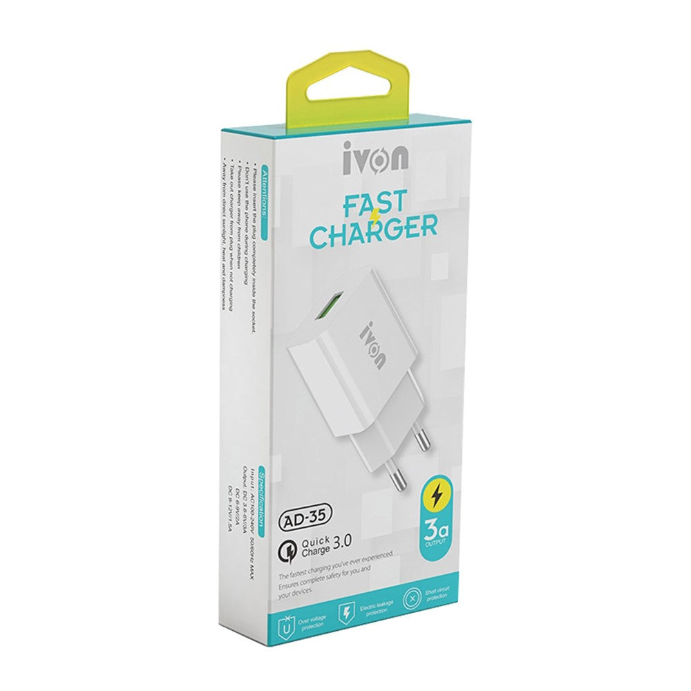 IVON AD-33 2.1A USB Charger Portable Travel Wall Adapter + 1m Type-C Data Cable