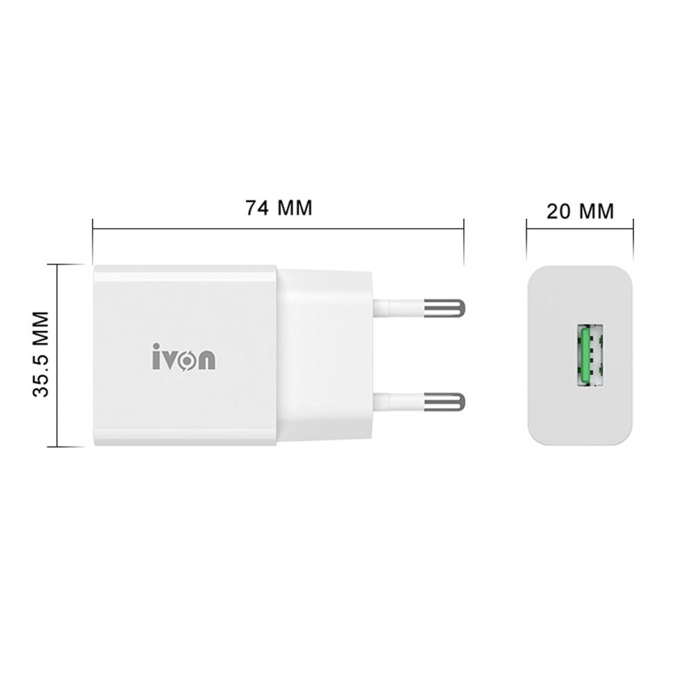 IVON AD-35 3A Fast Charging Travel Power Adapter QC3.0 USB Wall Charger + 1m Type-C Data Cable