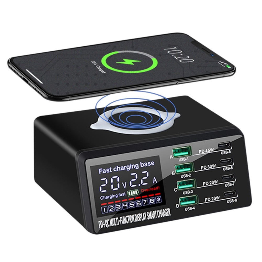 X9D 110W USB+PD Smart Multi-Port Oplader + Trådløs Oplader til iPhone iPad AC100-240V Anti-Skrid Opladningsstation