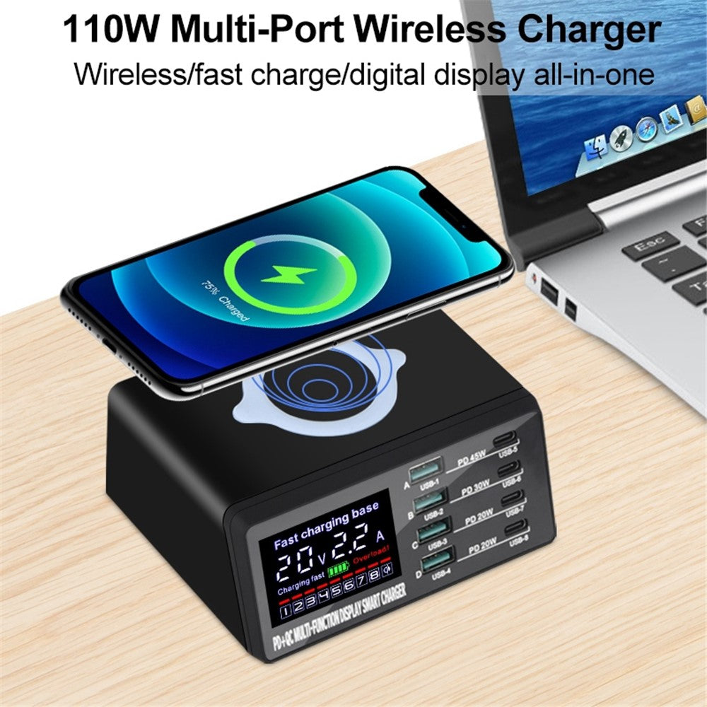 X9D 110W USB+PD Smart Multi-Port Oplader + Trådløs Oplader til iPhone iPad AC100-240V Anti-Skrid Opladningsstation