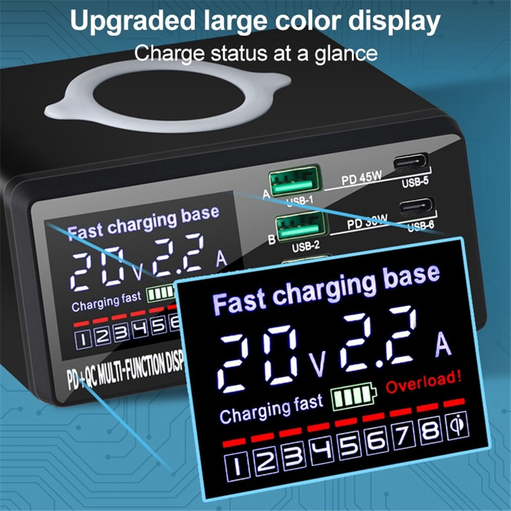 X9D 110W USB+PD Smart Multi-Port Oplader + Trådløs Oplader til iPhone iPad AC100-240V Anti-Skrid Opladningsstation