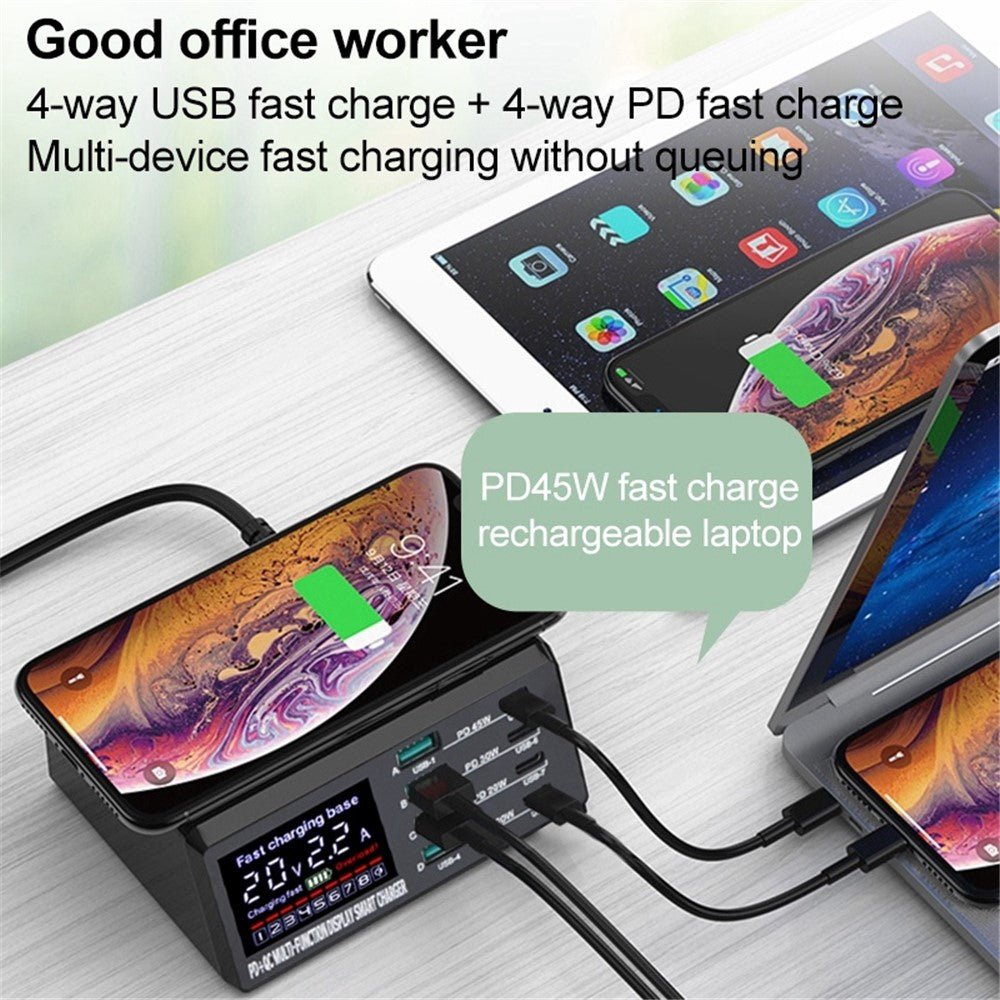 X9D 110W USB+PD Smart Multi-Port Oplader + Trådløs Oplader til iPhone iPad AC100-240V Anti-Skrid Opladningsstation