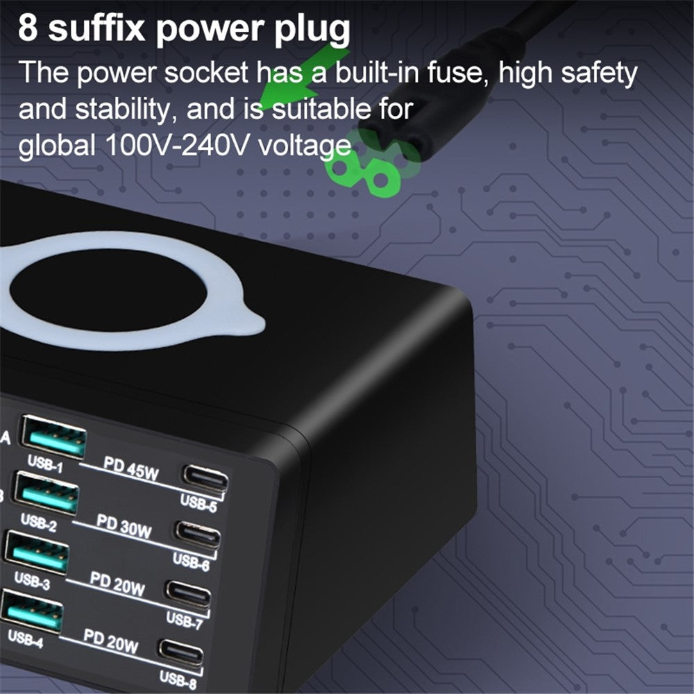 X9D 110W USB+PD Smart Multi-Port Oplader + Trådløs Oplader til iPhone iPad AC100-240V Anti-Skrid Opladningsstation