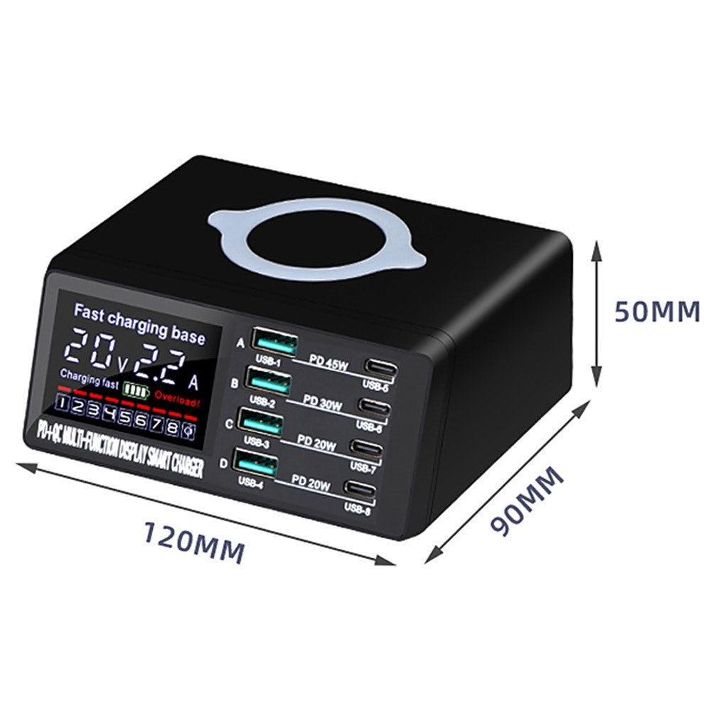 X9D 110W USB+PD Smart Multi-Port Oplader + Trådløs Oplader til iPhone iPad AC100-240V Anti-Skrid Opladningsstation