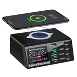 X9D 110W USB+PD Smart Multi-Port Oplader + Trådløs Oplader til iPhone iPad AC100-240V Anti-Skrid Opladningsstation