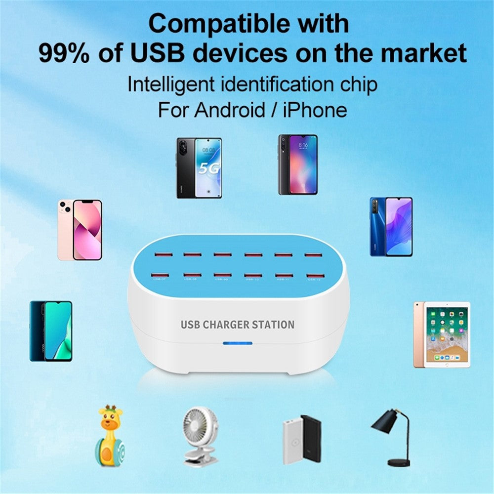 830-12 120W AC100-240V 12 Ports USB Smart Charger Phone Tablet Fan Lamp Charging Dock Splitter Station