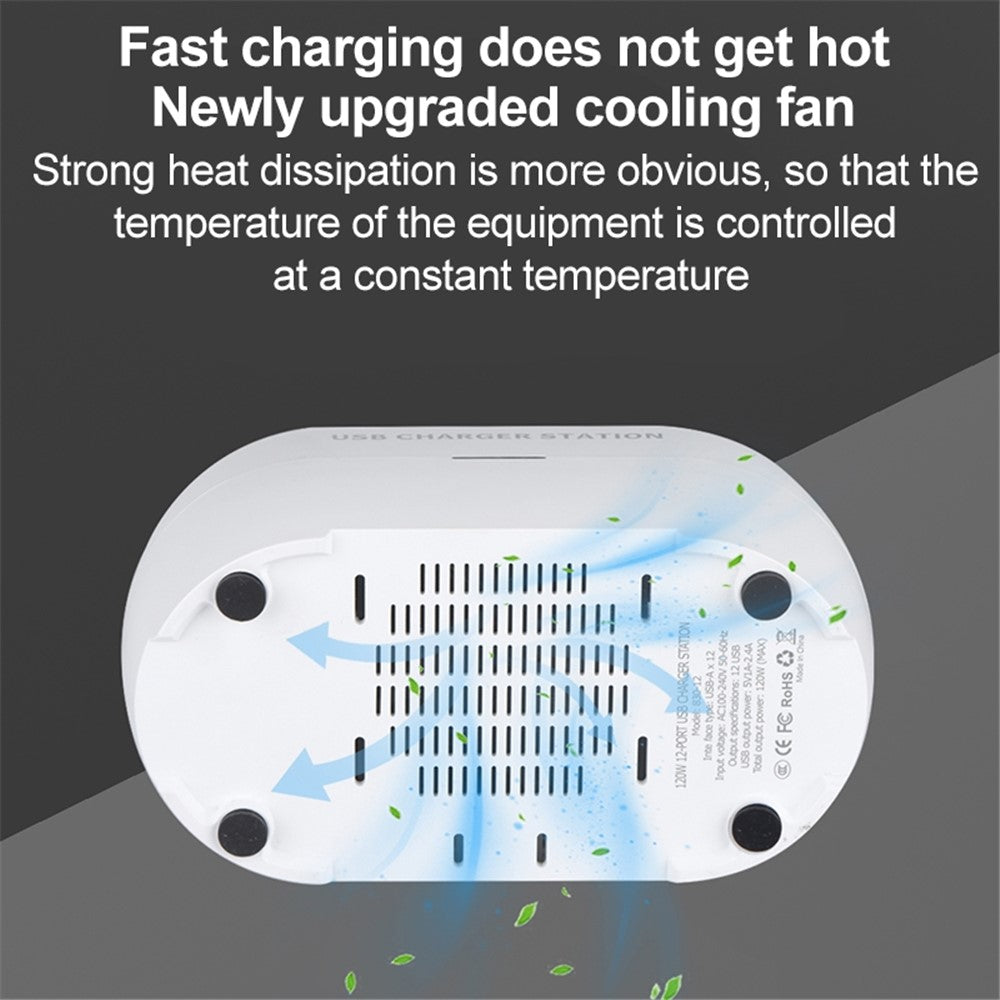 830-12 120W AC100-240V 12 Ports USB Smart Charger Phone Tablet Fan Lamp Charging Dock Splitter Station