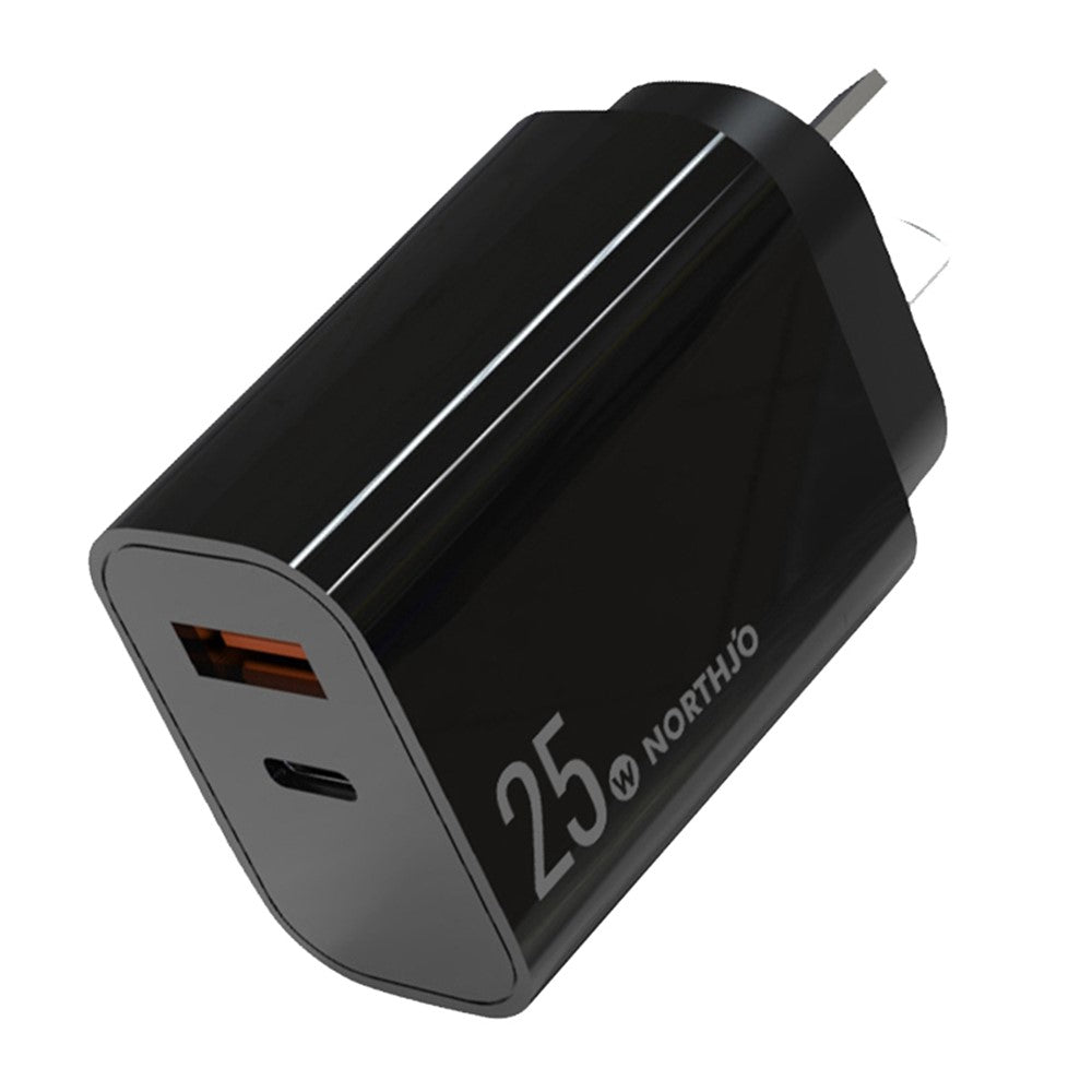 NORTHJO NOPD250602AU USB QC3.0 + Type-C PD 25W Fast Charging Adapter Dual Port Wall Charger