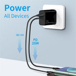 NORTHJO NOPD250602AU USB QC3.0 + Type-C PD 25W Fast Charging Adapter Dual Port Wall Charger