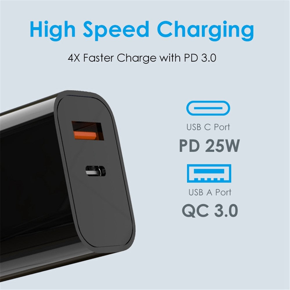 NORTHJO NOPD250602AU USB QC3.0 + Type-C PD 25W Fast Charging Adapter Dual Port Wall Charger