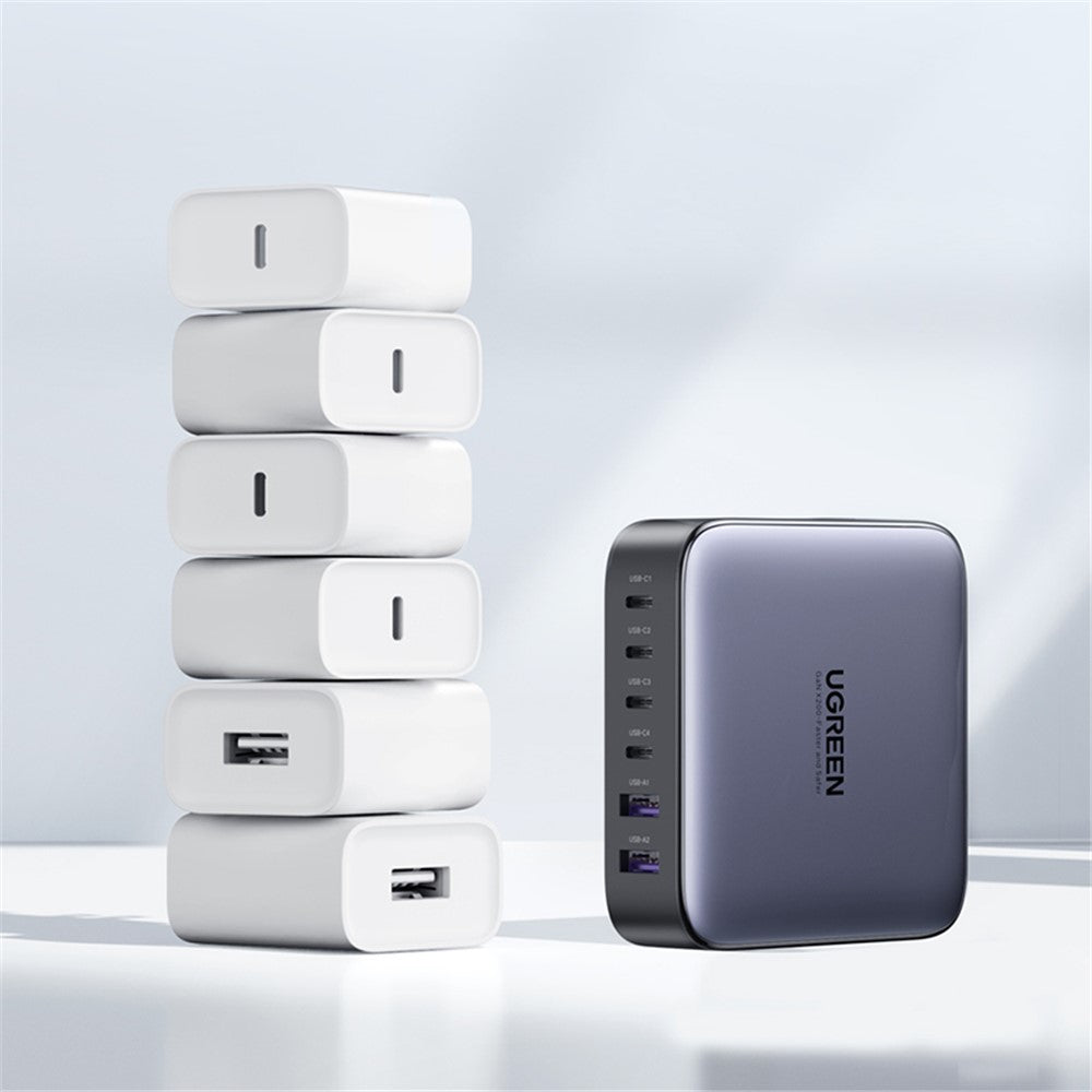 UGREEN 200W 4 USB-C + 2 USB-A GaN Hurtigoplader Sæt Multi-Port Desktop-oplader med 1m 100W Kabel + 1.5m Strømkabel