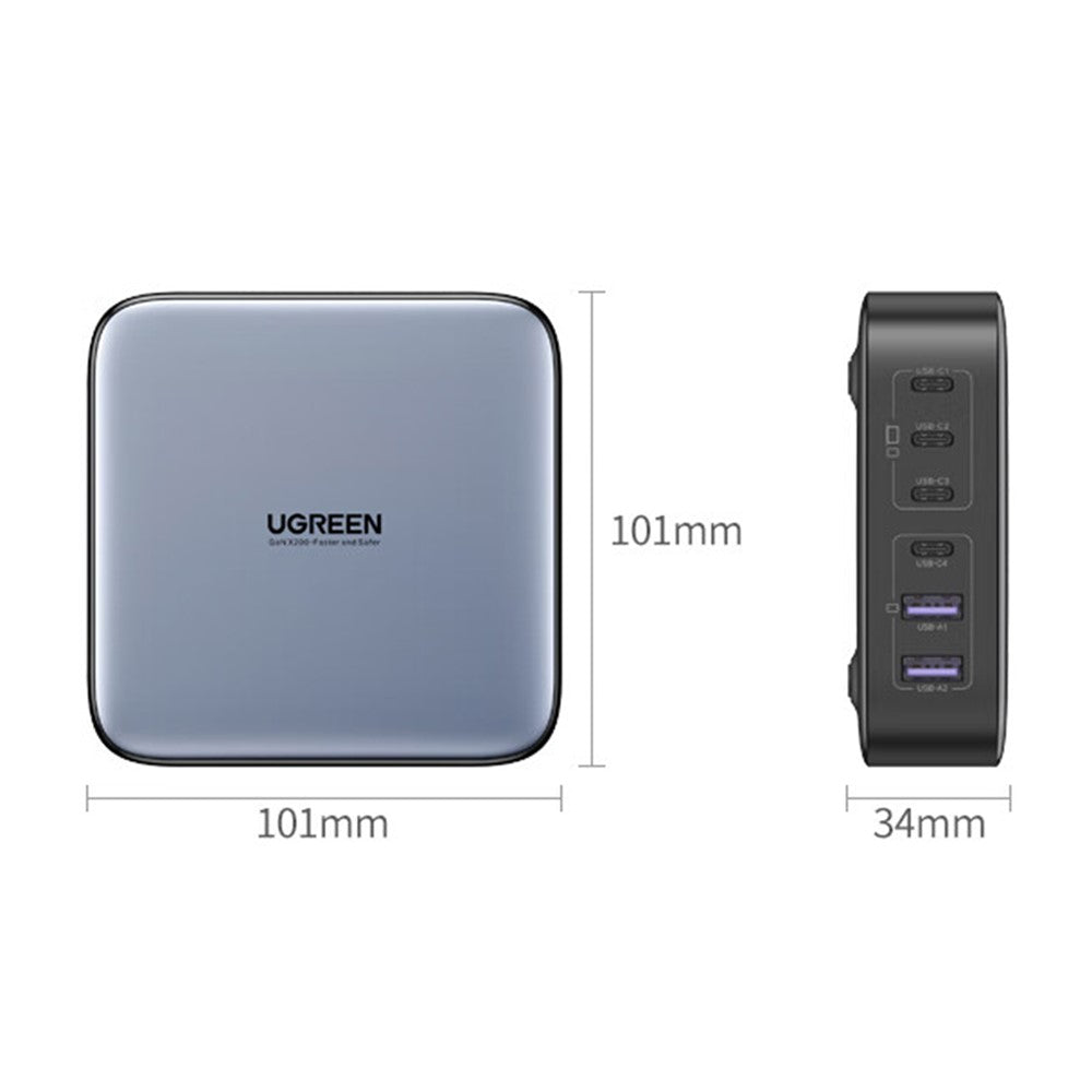 UGREEN 200W 4 USB-C + 2 USB-A GaN Hurtigoplader Sæt Multi-Port Desktop-oplader med 1m 100W Kabel + 1.5m Strømkabel