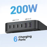 UGREEN 200W 4 USB-C + 2 USB-A GaN Hurtigoplader Sæt Multi-Port Desktop-oplader med 1m 100W Kabel + 1.5m Strømkabel
