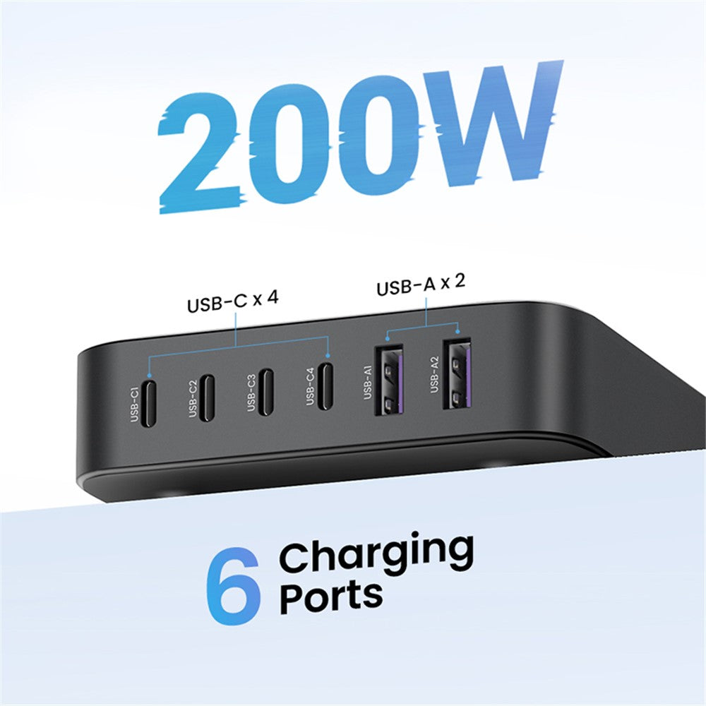UGREEN 200W 4 USB-C + 2 USB-A GaN Hurtigoplader Sæt Multi-Port Desktop-oplader med 1m 100W Kabel + 1.5m Strømkabel