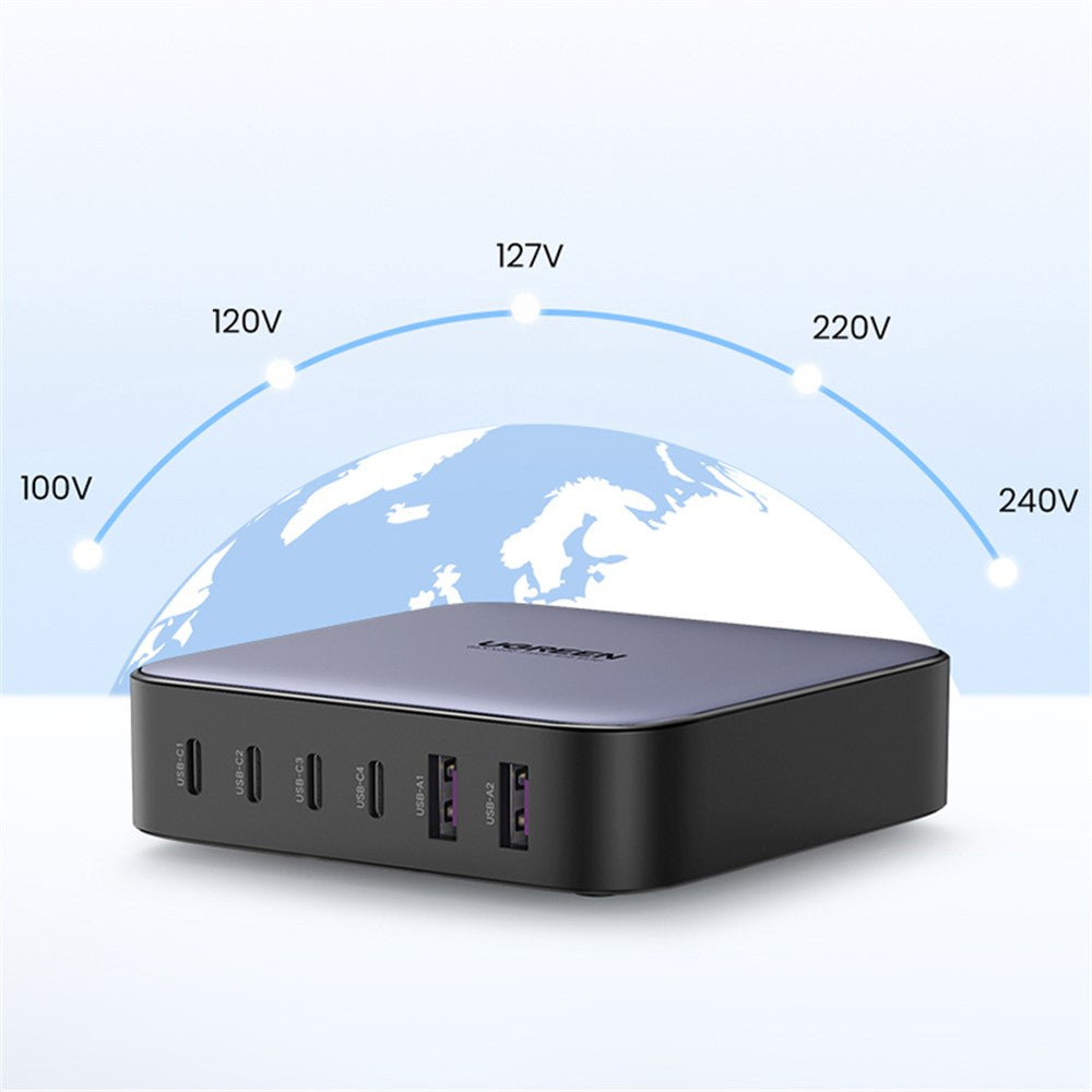 UGREEN 200W 4 USB-C + 2 USB-A GaN Hurtigoplader Sæt Multi-Port Desktop-oplader med 1m 100W Kabel + 1.5m Strømkabel