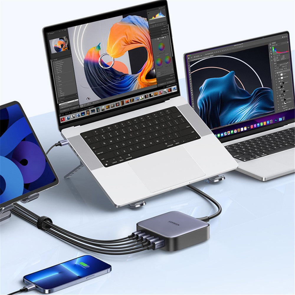 UGREEN 200W 4 USB-C + 2 USB-A GaN Hurtigoplader Sæt Multi-Port Desktop-oplader med 1m 100W Kabel + 1.5m Strømkabel