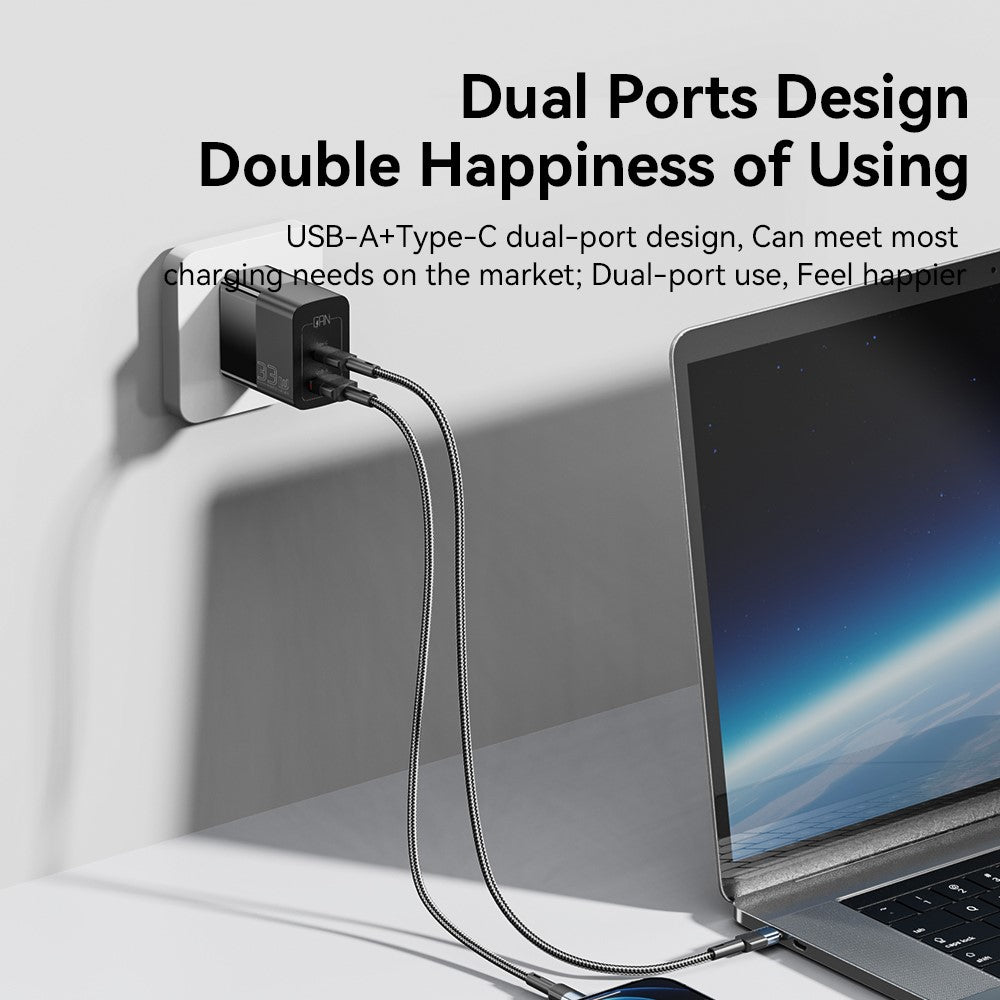 ESSAGER 33W USB-A + Type-C Hurtigopladningsadapter GaN Dual Port Vægoplader