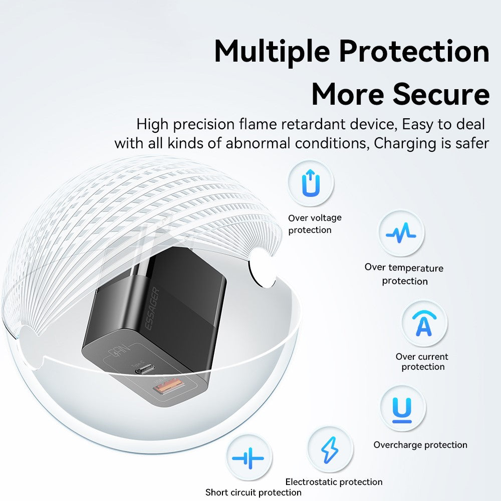 ESSAGER 33W USB-A + Type-C Fast Charging Adapter GaN Dual Port Wall Charger