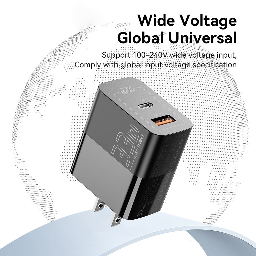ESSAGER 33W USB-A + Type-C Hurtigopladningsadapter GaN Dual Port Vægoplader