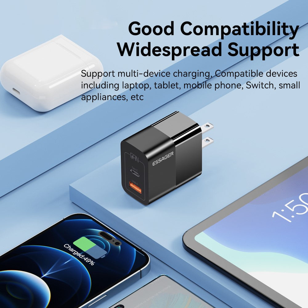ESSAGER 33W USB-A + Type-C Hurtigopladningsadapter GaN Dual Port Vægoplader