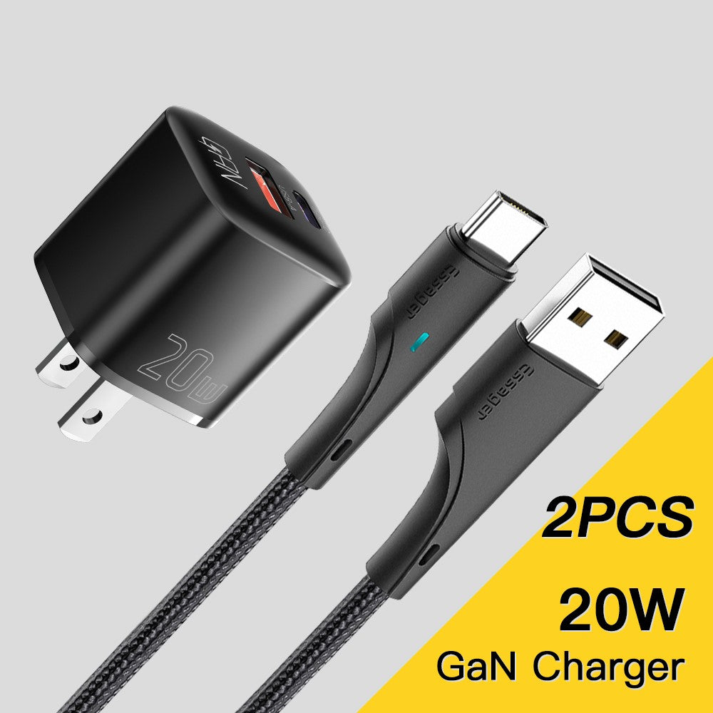 ESSAGER Buet Design 20W USB-A + Type-C GaN Vægoplader Hurtigopladningsadapter til Telefon