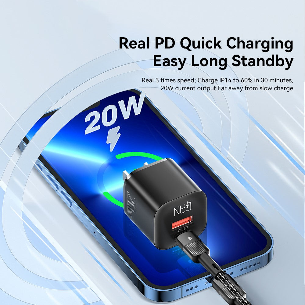 ESSAGER Buet Design 20W USB-A + Type-C GaN Vægoplader Hurtigopladningsadapter til Telefon