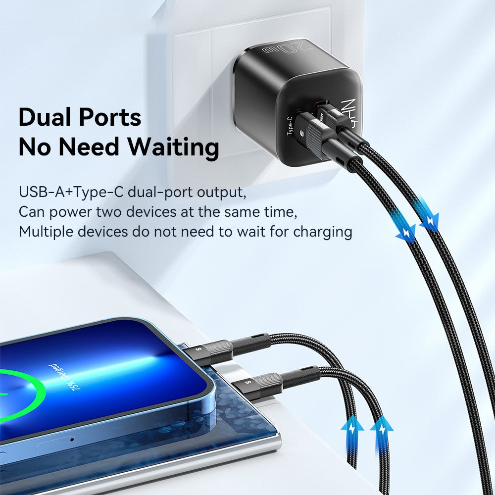 ESSAGER Buet Design 20W USB-A + Type-C GaN Vægoplader Hurtigopladningsadapter til Telefon