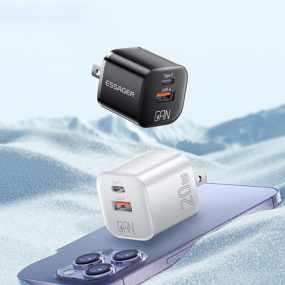 ESSAGER Buet Design 20W USB-A + Type-C GaN Vægoplader Hurtigopladningsadapter til Telefon