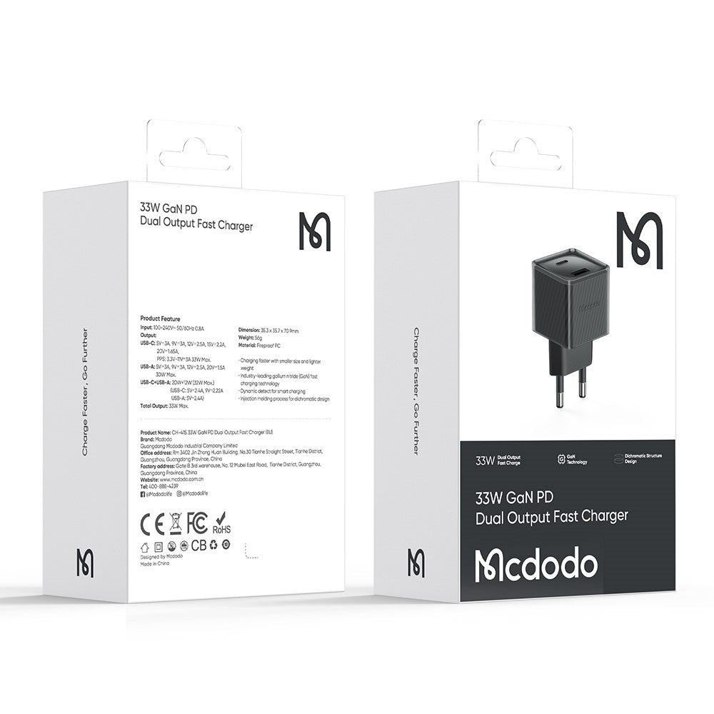 MCDODO CH-415 33W GaN USB+Type-C EU Stik Vægoplader Brandsikker PC Telefon Tablet Strømadapter