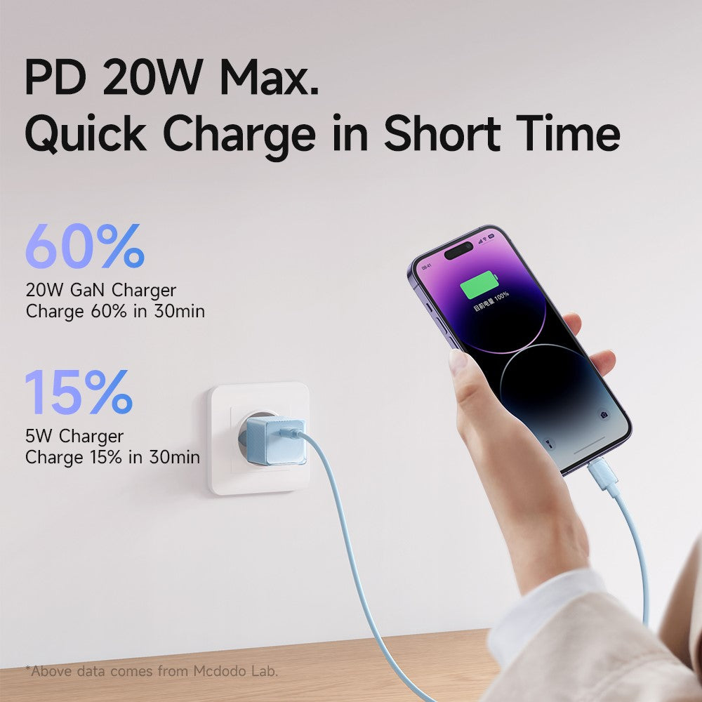 MCDODO CH-377-MDD EU-stik 20W GaN enkelt Type-C PD vægoplader brandsikker PC strømadapter