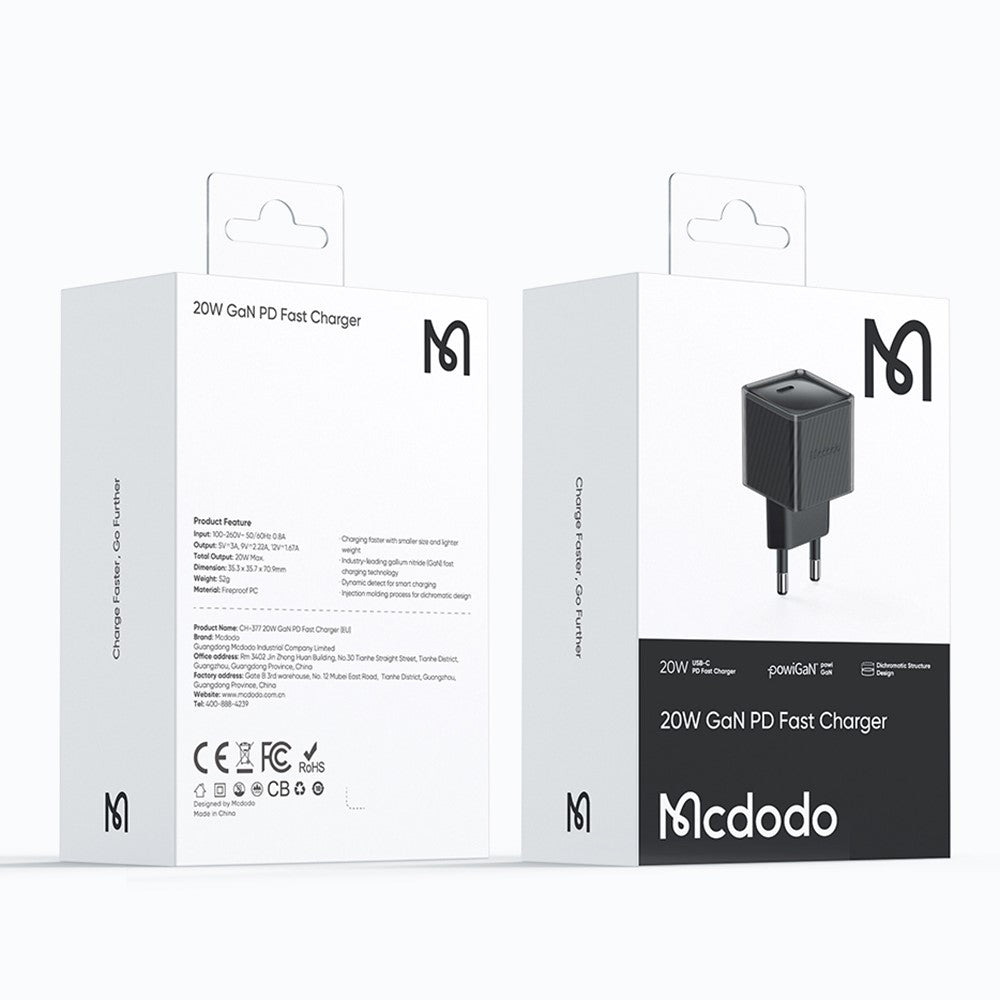 MCDODO CH-377-MDD EU-stik 20W GaN enkelt Type-C PD vægoplader brandsikker PC strømadapter