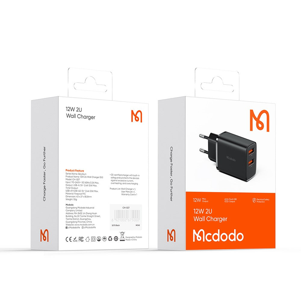 MCDODO Beryllium CH-5070 12W Wall Charger 2 USB-A 2.4A Travel Charger Adapter, EU Plug (Black)