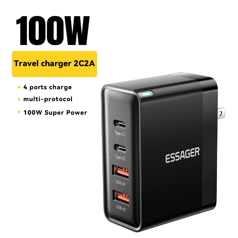 ESSAGER ES-CD37 100W Fast Charging Block 4-Port Wall Charger with 2 USB-C + 2 USB-A for Laptop Phone Tablet